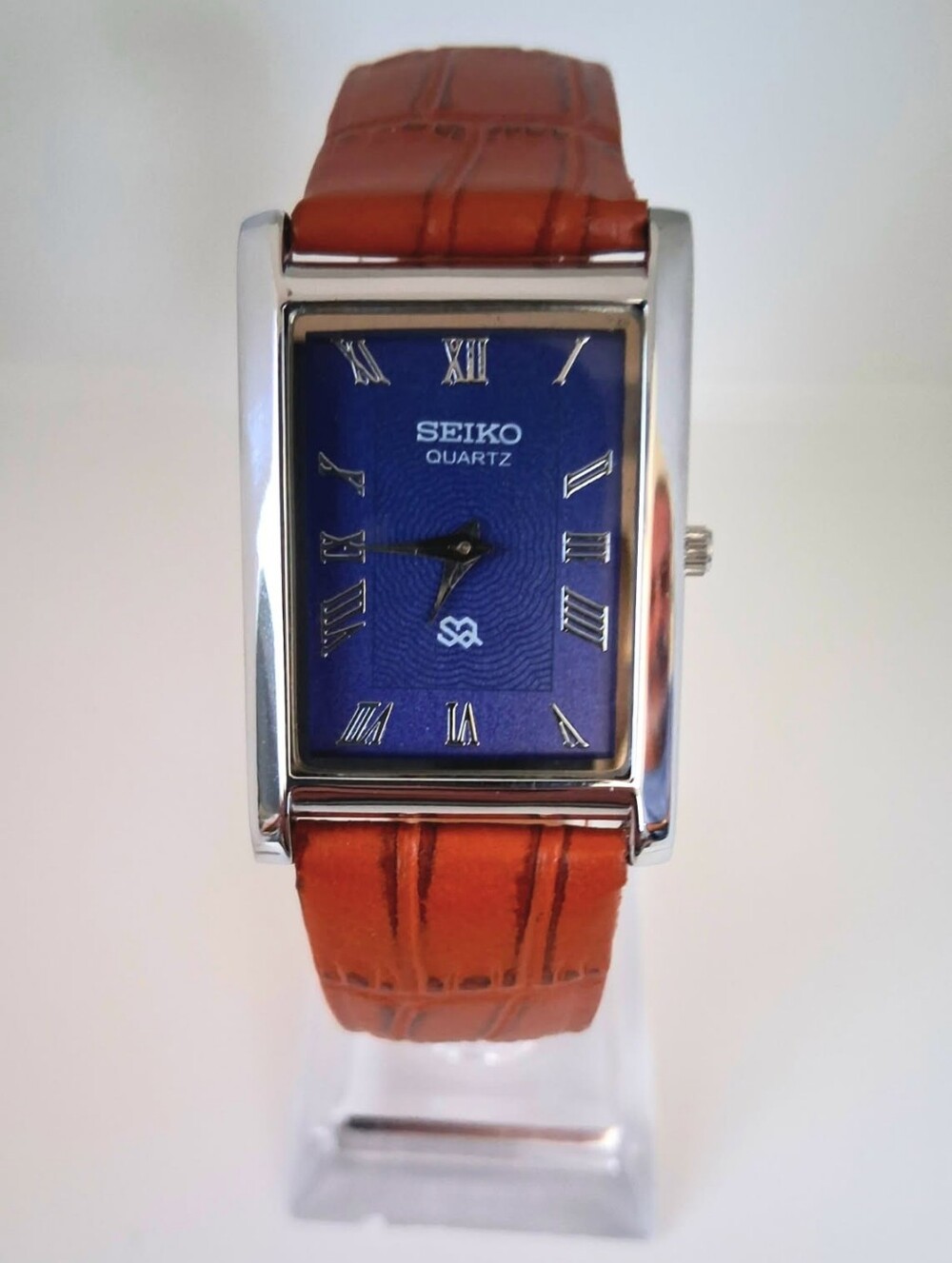 Seiko Blue Dial Brown Leather Strap 33mm Slim Tank Watch